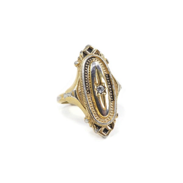 Vintage AVON, Kensington Ring, Victorian Style, Clear Rhinestone, Gold Tone, Size 5, Signed