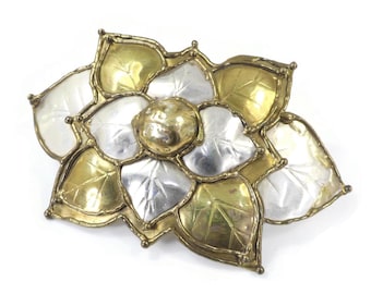 Vintage, Flower Belt Buckle, Artisan Made, Brass & Silver Tone, Circa 1970's