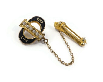 Vintage, Beta Sigma Phi, Sorority Pin, Torch, Faux Pearls, Black Enamel, Gold Tone