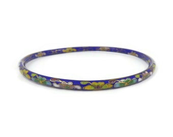 Vintage Cobalt Blue, Cloisonne Bangle, Flower Design, Gold Tone, Chinese