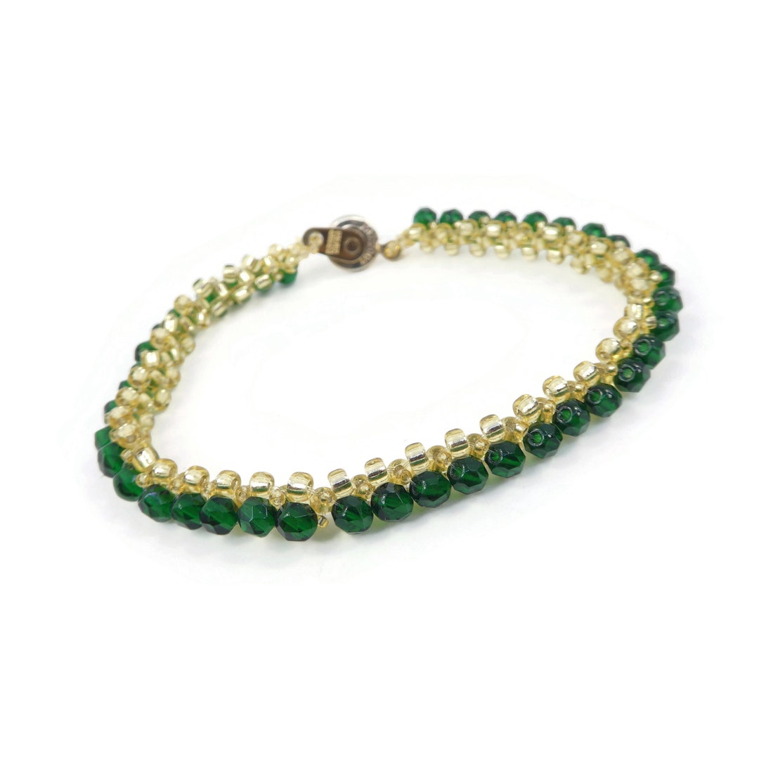 Vintage Green Yellow Bead Bracelet Glass Gold Tone Snap Etsy