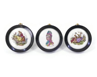 Vintage MIREF Paris, Porcelain Wall Hangings, Jean-Antoine Watteau, Mode Paris 1877, Black Bakelite Frames, Signed, Set of Three