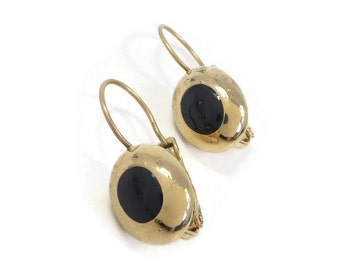 Vintage LIZ CLAIBORNE, Black Enamel Earrings, Gold Tone, Hooks, Signed