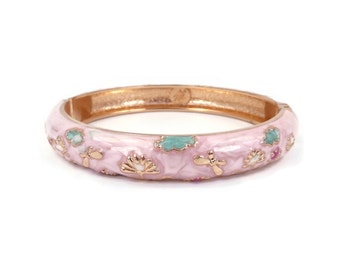 Vintage Jiu Long Xing Hi, Pink Enamel Bracelet, Clamper, Flowers and Clouds Design, Rose Gold Tone, Signed Hi