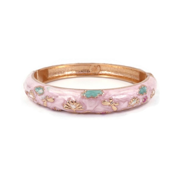 Vintage Jiu Long Xing Hi, Pink Enamel Bracelet, Clamper, Flowers and Clouds Design, Rose Gold Tone, Signed Hi