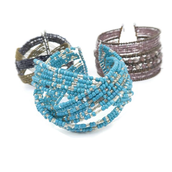 Vintage Seed Bead, Cuff Bracelets Lot, Blue, Purp… - image 5