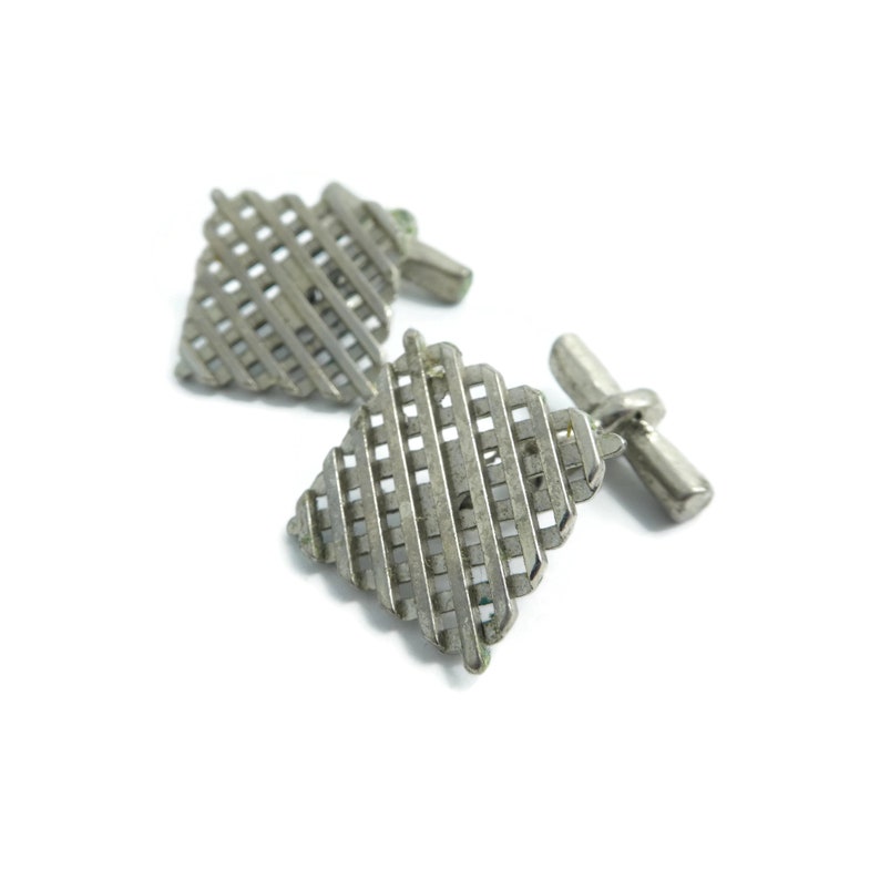 Vintage Square Cuff Links Lattice Silver Tone