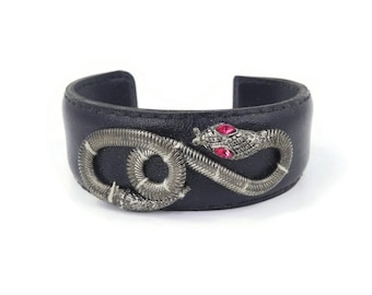 Vintage, Snake Cuff Bracelet, Black Leatherette, Pink Rhinestones, Silver Tone