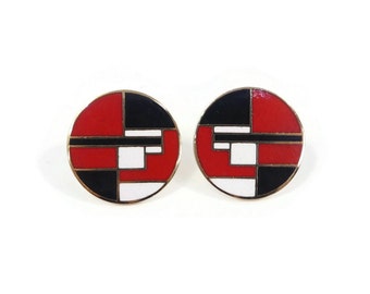 Vintage ROCCOCO, Red Black White, Enamel Earrings, Round, Gold Tone, Posts, Signed