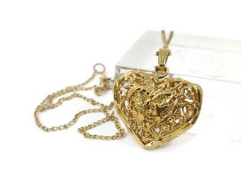 Vintage, Heart and Doves, Necklace, Filigree, Gold Tone, Chain