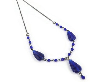 Vintage, Blue Glass Drop, Necklace, Molded, Dark Gold Tone