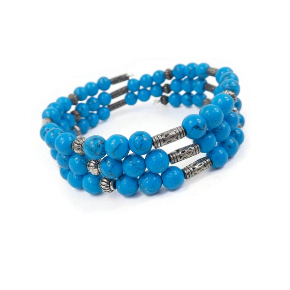 Vintage Blue Stone, Memory Wire Bracelet, Coil, S… - image 1