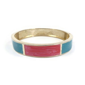 Vintage, Blue & Pinky Red Enamel, Clamper Bracelet, Hinged, Gold Tone