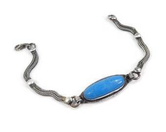 Vintage Sterling, Blue Stone Bracelet, Ethnic, Chain, Stamped 925