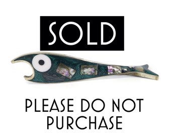 RESERVED FOR BS - Vintage Mexico, Fish Bottle Opener, Abalone, Green White Enamel, Silver Tone, Alapca Mexico