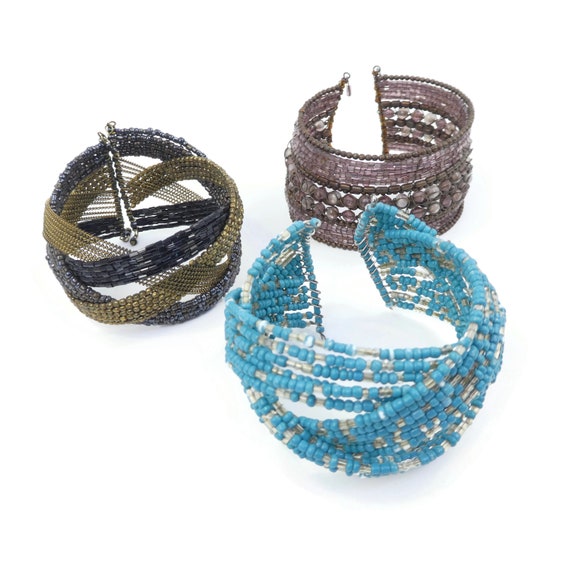 Vintage Seed Bead, Cuff Bracelets Lot, Blue, Purp… - image 2