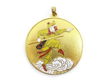 Vintage Chinese, Warrior Medallion Pendant, Enamel, Gold Tone