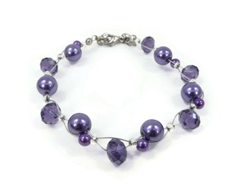 Vintage, Purple Glass Pearl, Bead Bracelet, Purple Glass Beads, Woven, Wire Work, Silver Tone