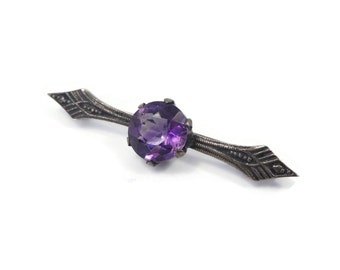 Vintage Sterling, Amethyst Bar Brooch, Art Deco, Signed