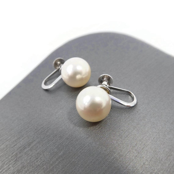 Vintage 14k White Gold, Genuine Pearl Earrings, S… - image 1