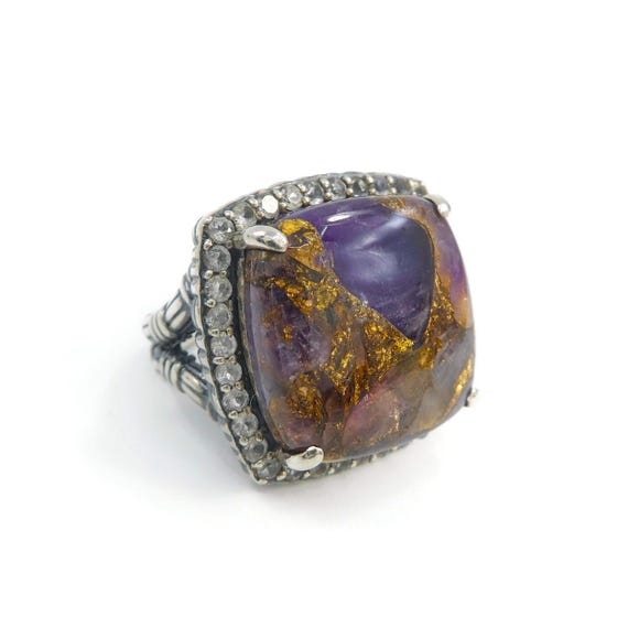 HILARY JOY, Mojave Amethyst Stone, Ring, Clear Topaz, Sterling Silver, Stamped 925, Signed, Size 6.5