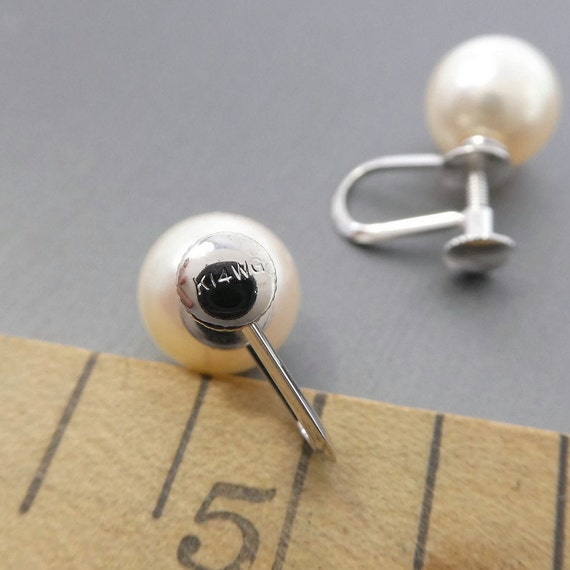 Vintage 14k White Gold, Genuine Pearl Earrings, S… - image 4