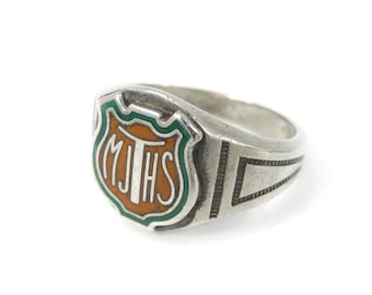 Plata de ley, Moose Jaw Technical High School, Anillo de graduación, MJTHS, Esmalte, Saskatchewan, Firmado, Talla 9.75