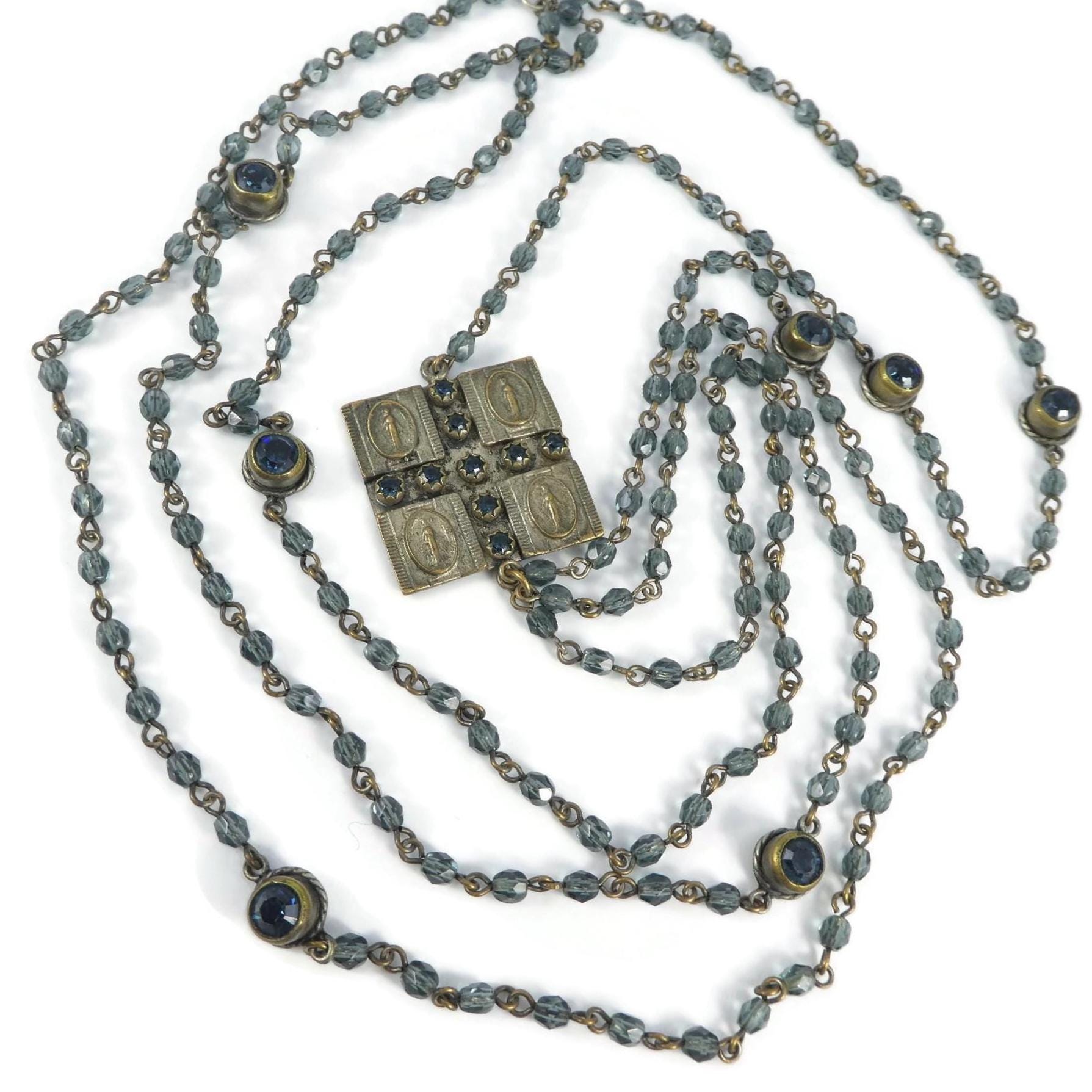 Virgins Saints and Angels, Rosary Style Necklace, Blue Glass Beads