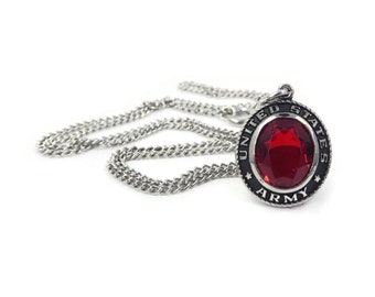 Vintage, US Army Pendant, Necklace, Red Rhinestone, Faceted Glass, Black Enamel, Silver Tone, Chain