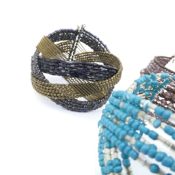Vintage Seed Bead, Cuff Bracelets Lot, Blue, Purp… - image 3