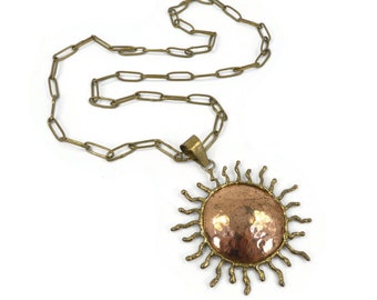 Vintage, Modernist, Sun Pendant Necklace, Artisan Made, Brass Copper, Hammered, Circa 1970's