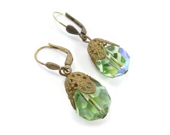 Vintage W German, Green Glass Bead, Earrings, Dangles, Faceted, Iridescent, Filigree, Gold Tone, Hooks, Signed DBGM West Germany