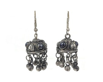 Vintage Ethnic, Bead Dangle Earrings, Hematite Cabs, Silver Tone, Hooks