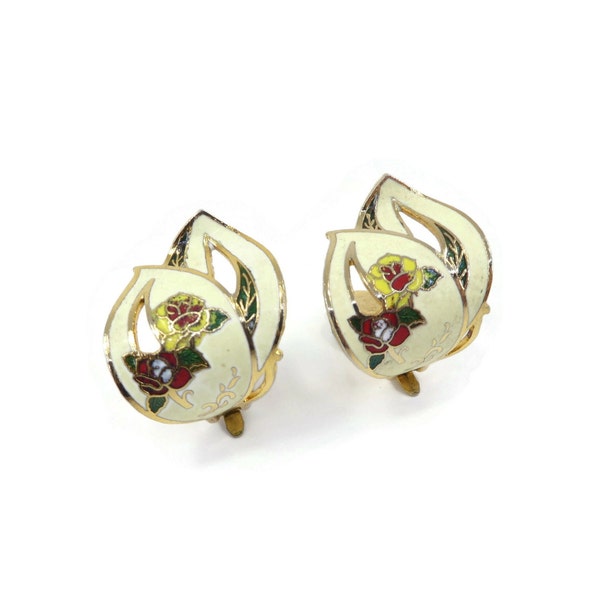 Vintage, Enamel Flower Earrings, Cream Red Yellow, Gold Tone, Clip Ons