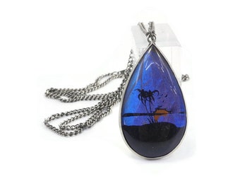 Vintage, Butterfly Wing Pendant, Necklace Tropical Scene, Palm Trees, Blue Morpho, Silver Tone, Chain