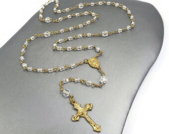 Vintage, Clear Glass Bead, Rosary, Gold Tone, Signed FM