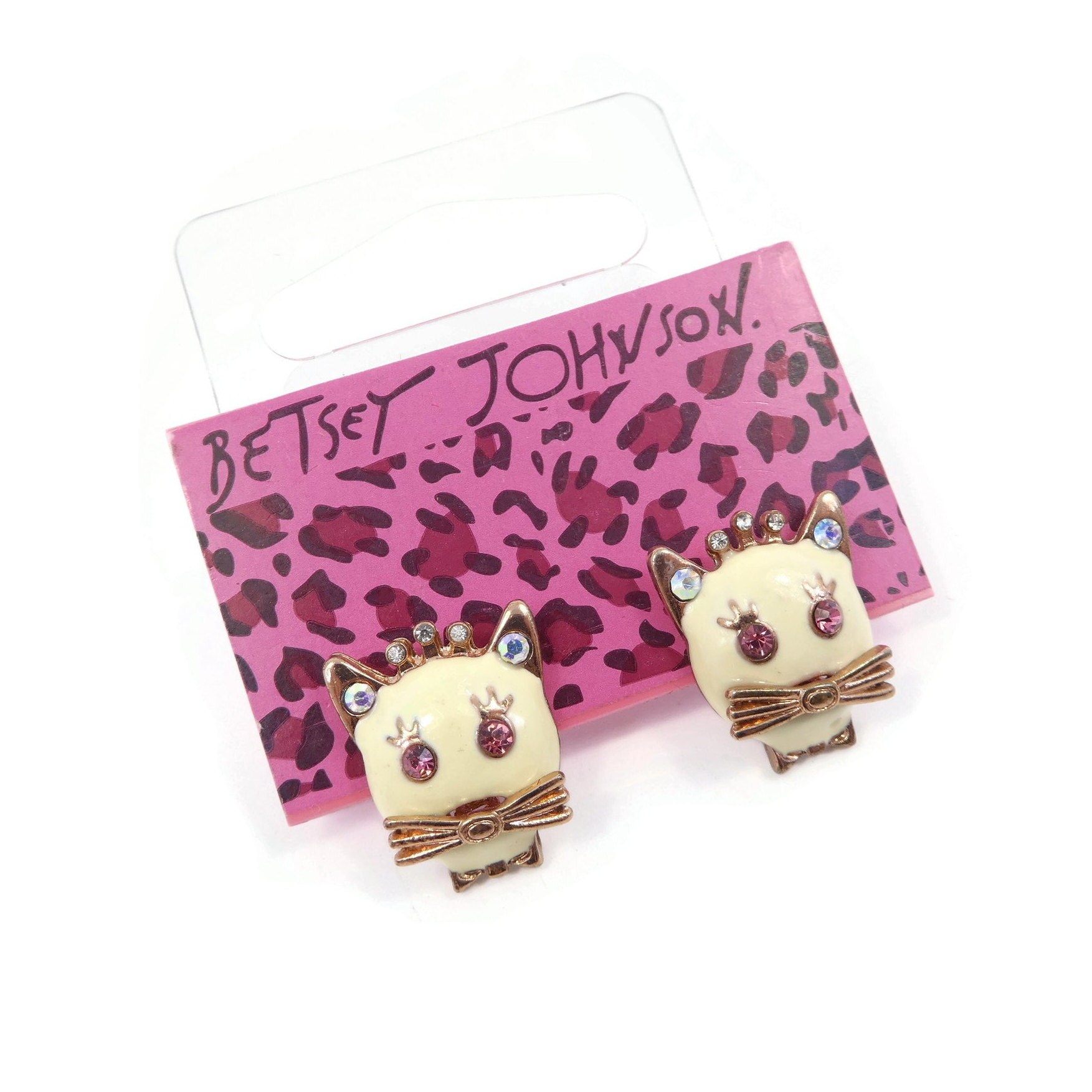 Vintage BETSEY JOHNSON, Cat Earrings, Cream Enamel, Rhinestones