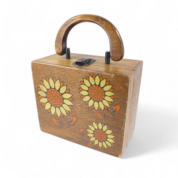 MARCUS BROTHERS of Miami, Wooden Box Purse, Sunflowers, Red Felt Lining, Signed
