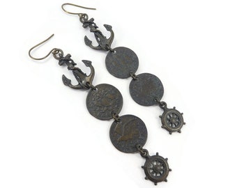 Vintage, Coin Dangle Earrings, Anchor, Ships Wheel, Dark Brass Tone, Hooks