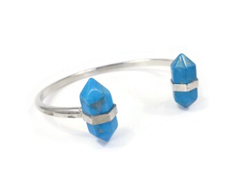 Blue Howlite Stone, Cuff Bracelet, Silver Tone