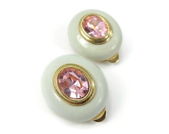 Vintage, Pink Rhinestone, Earrings, Pale Green Enamel, Glass, Gold Tone, Clip Ons