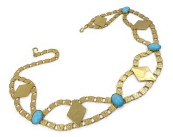 Vintage, Blue Glass Cabochon, Link Belt, Diamond Shapes, Detailed, Gold Tone