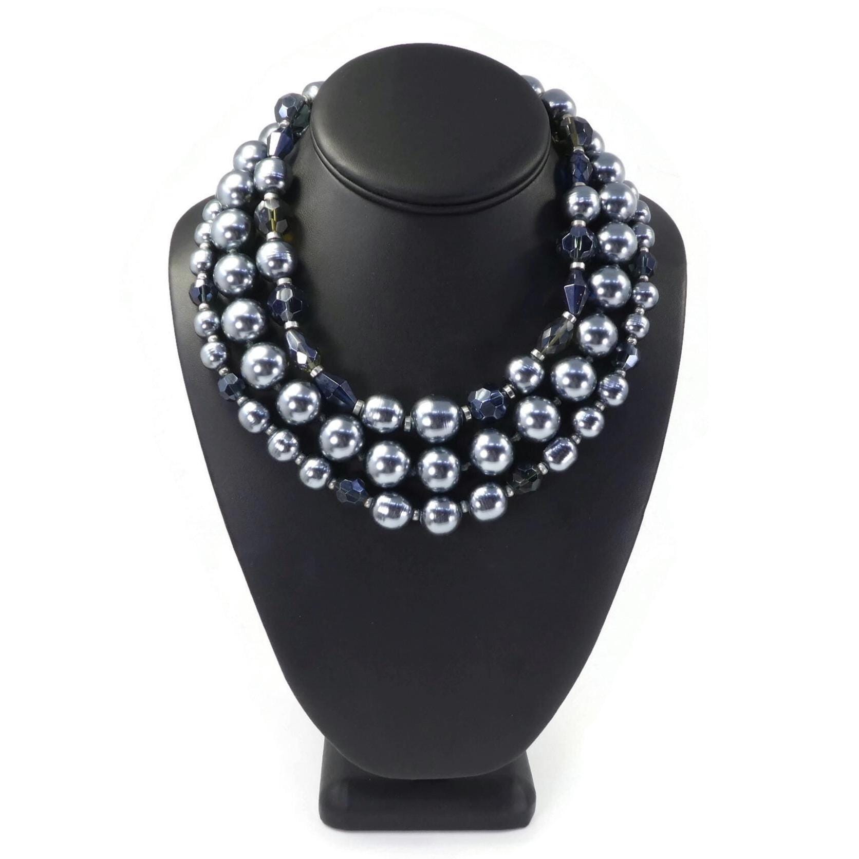CAROLEE、シルバーブルーガラスビーズ、ネックレス、スモーキーガラス