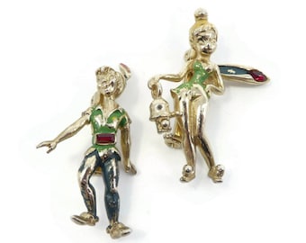 Vintage CORO, Peter Pan & Tinker Bell, Brooch, Red Rhinestones, Enamel, Gold Tone, Signed Coro and WD