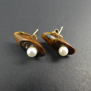 Vintage, Genuine Pearl, Earrings, Wood, 14K Gold Backs image 1