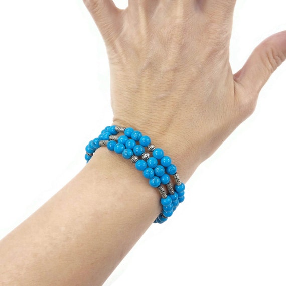 Vintage Blue Stone, Memory Wire Bracelet, Coil, S… - image 2