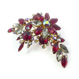 Vintage BEAU JEWELS, Red Rhinestone Brooch, Smokey Rhinestones, Aurora Borealis, Gold Tone