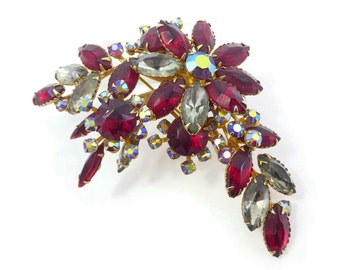 Vintage BEAU JEWELS, Red Rhinestone Brooch, Smokey Rhinestones, Aurora Borealis, Gold Tone