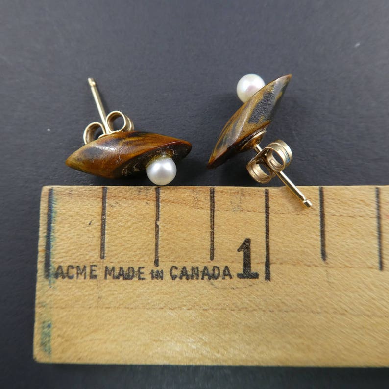 Vintage, Genuine Pearl, Earrings, Wood, 14K Gold Backs image 3