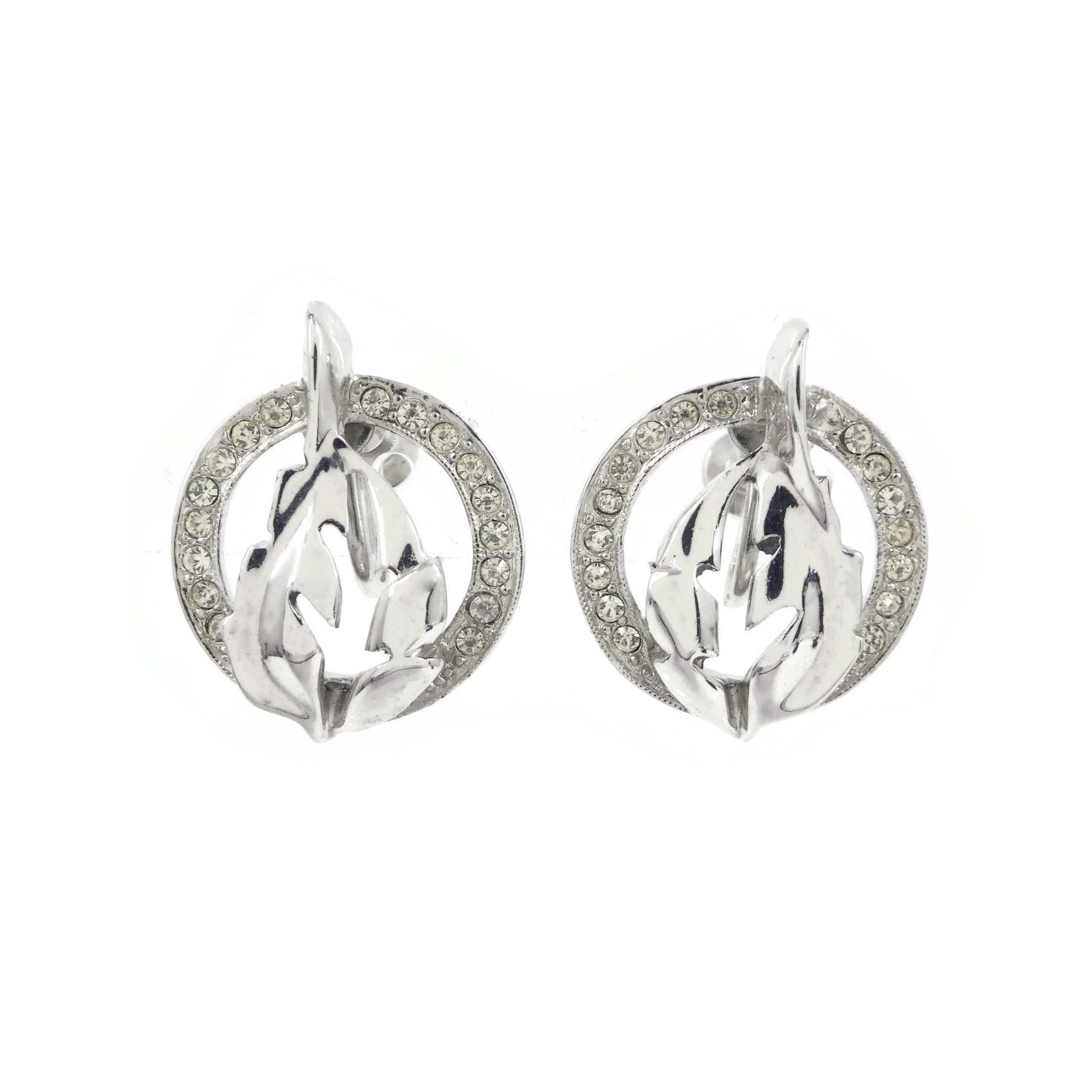 Vintage Round Rhinestone Earrings Leaves Silver Tone Screw 